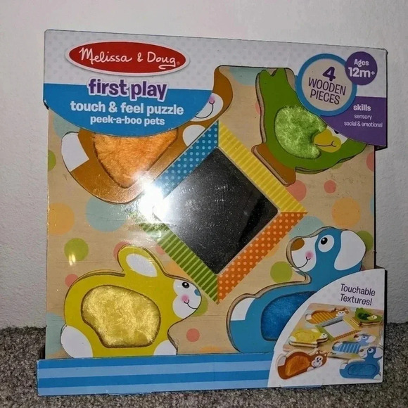 Melissa & Doug First Play Touch & Feel Puzzle Peek-a-Boo Pets 4 Wooden Pieces - Picture 8 of 9
